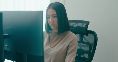 Young adult Asia female freelance typing write prompt AI bot IT app smart program nomad, video game, terminal with coding language, user interface, designer, big data center on desktop computer.