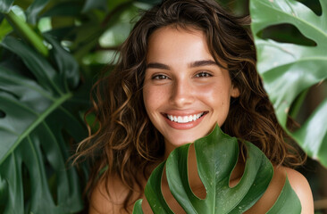 Poster - A closeup portrait of an attractive woman with wavy brown hair, smiling and holding large monstera leaves in front of her face