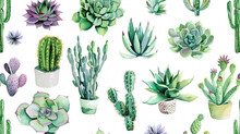 A Collection Of Doodled Succulents And Cacti, Each Painted In Watercolor With Rich Greens And Soft Purples, Dotted Across The Canvas