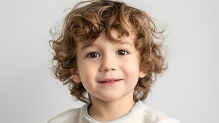 Poster - Portrait of a Smiling Toddler with Curly Hair. Kid's Fashion and Innocence Captured in a Studio. Natural Expression, Modern Photography Style. AI