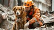 Rescue Dog Searcher on the Ruins of a Building After an Earthquake