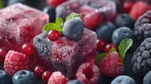 Macro photo, Frozen ice cubes with various fruits, blackberries and raspberries, gooseberries and currants, blueberries and mint, copy space