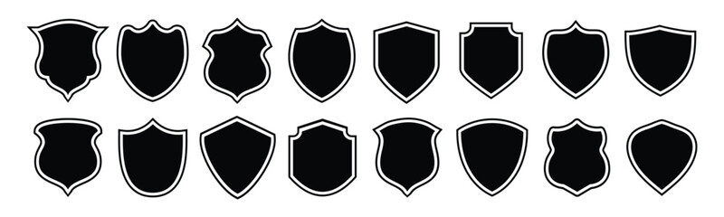 Wall Mural - Shields icon set. Collection of security shield icons.  Police badge shapes with contours and linear signs. Vector military shield silhouettes.
