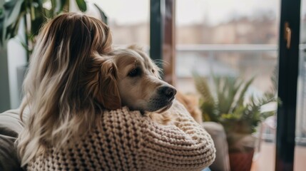 Back view of female blonde caressing furry dog behind ears during leisure time at cozy apartment. Young woman and golden retriever enjoying bonding interaction together during daytime.