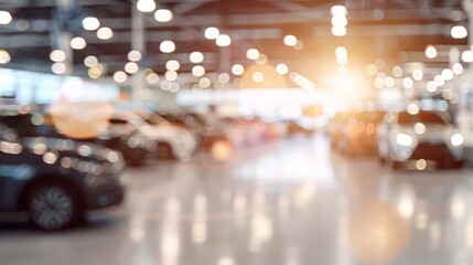 A blurred view of a car showroom with new cars on display, creating an abstract backdrop