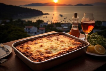 Wall Mural - Greek moussaka with a view of a sunset over a tranquil island village.
