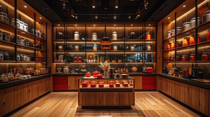 Gourmet kitchenware store, high-end culinary tools, inviting and stylish interior