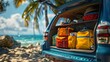Car trunk with luggage on tropical beach.