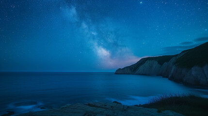  The atmosphere of the sea at night with the stars of the Milky Way shining beautifully at night.