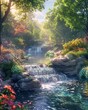 Photorealistic depiction of a tranquil river flowing through the Garden of Eden, vibrant colors, sundrenched ,3DCG,clean sharp