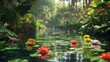 Serene, photorealistic pond in the Garden of Eden, vibrant flora reflecting in water, natural lighting ,ultra HD,clean sharp focus