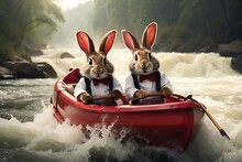 Rabbits In Boat On Wild River. Happy Easter Concept