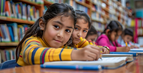 latin kids taking notes from a book at library. kids sitting at table doing assignments in school li