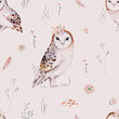 Watercolor Woodland animal Scandinavian seamless pattern. Fabric wallpaper background with Owl, hedgehog, fox and butterfly, rabbit forest squirrel and chipmunk, bear and bird baby animal,