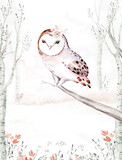 Fototapeta Dziecięca - Woodland watercolor cute animals baby owl. Scandinavian owls on forest nursery poster design. Isolated charecter