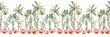 Tropical hand drawn forest seamless border. Watercolor repeating wallpaper design. Palm trees jungle scene. Hand painted background