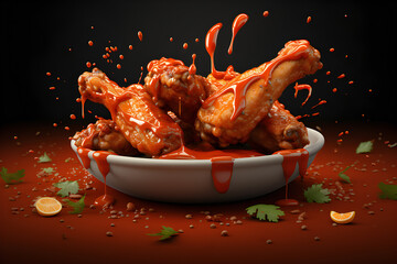 Close-up of crispy fried chicken with sauce levitating above a plate on a black background,  generated by AI.