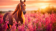 Cute, beautiful horse in a field with flowers in nature, in the sun's rays.