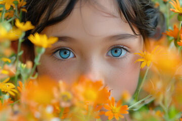 Wall Mural - Girl with blue eyes in field of flowers, cheerful, one person, happiness