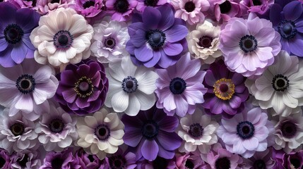 Poster -   A close-up photo featuring an array of flowers, with prominent shades of purple and white, positioned at the base of their respective petals, and the centers of each bloom occupying