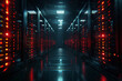 Modern server racks in dark data center room, enhanced by dramatic VFX