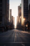 Fototapeta Miasto - An empty cityscape at dawn, with skyscrapers towering over deserted streets, casting long shadows in the soft morning light, Generative AI