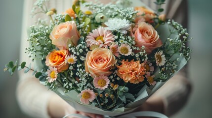 Poster -   A clear image shows a close-up of an individual clutching a bouquet of vibrant flowers featuring oranges and whites, placed at its center