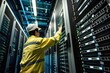 worker scanning barcodes on large data center server racks