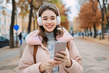 Wall Mural - Caucasian young woman is listening to music on smartphone with headphones outdoors