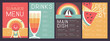 Retro summer restaurant menu design with cocktail, watermelon, rainbow and woman in hat. Vector illustration
