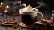 A steaming cup of freshly brewed coffee, with a swirl of cream and a sprinkle of cinnamon