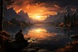A person fishing at a tranquil lake at dawn