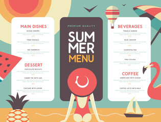 Wall Mural - Retro summer restaurant menu design with pineapple, flamingo and woman in hat. Vector illustration