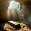 Silent Solitude: Empty Grave Bathed in Sunlight Near Cave