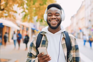 Wall Mural - African man is listening to music on smartphone with headphones outdoors