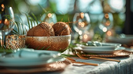 Poster -   A close-up photo of a table with bowls of coconuts and a plate containing a pine cone