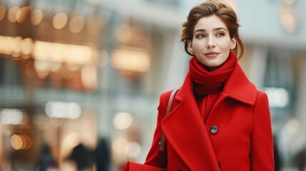 Wall Mural - A woman elegantly walks down a city street wearing a vibrant red coat