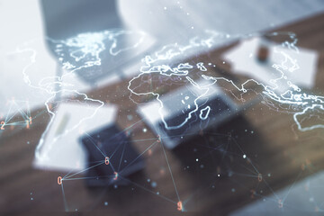 Wall Mural - double exposure of abstract digital world map and modern desk with computer on background, big data 