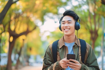 Wall Mural - Asian man is listening to music on smartphone with headphones outdoors