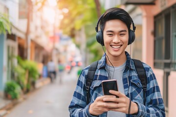 Wall Mural - Asian man is listening to music on smartphone with headphones outdoors