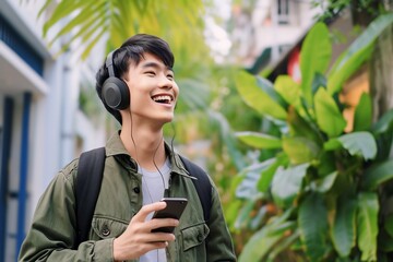 Wall Mural - Asian man is listening to music on smartphone with headphones outdoors