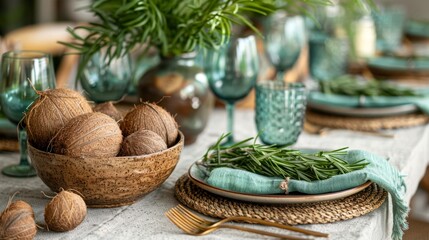   A close-up of a table with bowls of fruit and coconuts on top