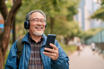 Wall Mural - Asian old man is listening to music on smartphone with headphones outdoors