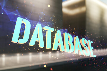 Wall Mural - double exposure of database word sign on blurry modern office building background, global research a