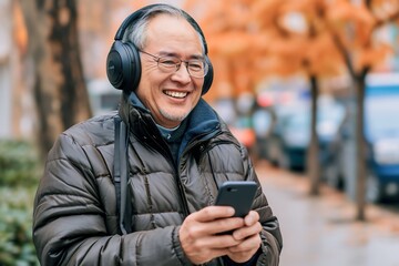 Wall Mural - Asian old man is listening to music on smartphone with headphones outdoors