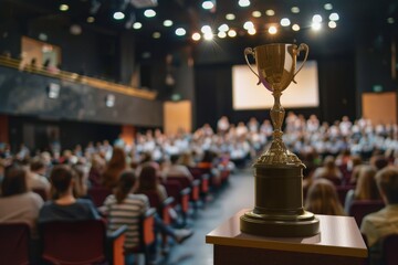a large trophy stands centered on a wooden lectern with a blurred audience in the background in an a