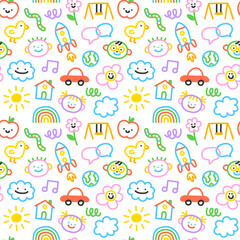 Wall Mural - colorful funny children doodle icon seamless pattern. cute happy kid drawing symbol wallpaper print,