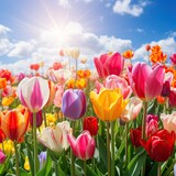 Fototapeta Tulipany - Tulip flowers as background image in front of blue sky. close up panoramic floral landscape of blooming colorful tulips in spring with sunlight