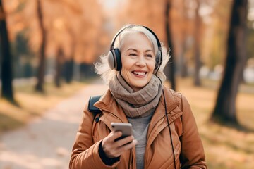 Wall Mural - Caucasian old woman is listening to music on smartphone with headphones outdoors