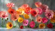   A row of flowers sitting on a table, with one flower at the center of each